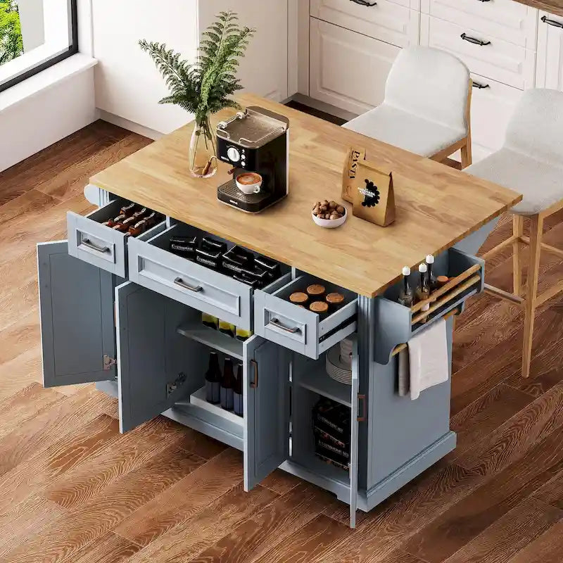 Grand îlot de cuisine 54 avec abattant en bois d'hévéa, chariot de cuisine roulant à texture gaufrée sur 4 roues avec 4 portes et 3 tiroirs