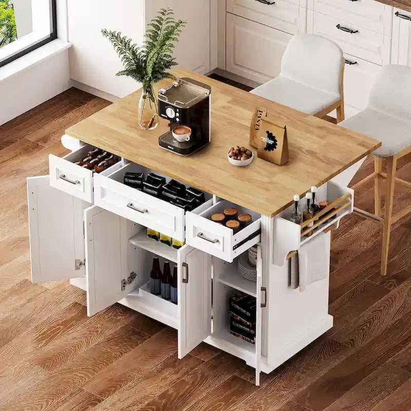 Grand îlot de cuisine 54 avec abattant en bois d'hévéa, chariot de cuisine roulant à texture gaufrée sur 4 roues avec 4 portes et 3 tiroirs