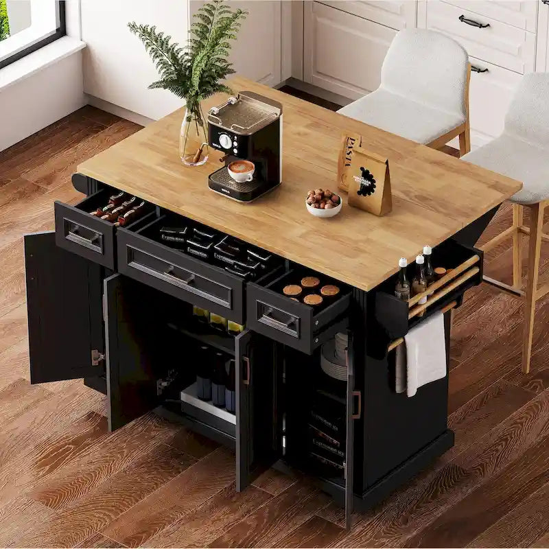 Grand îlot de cuisine 54 avec abattant en bois d'hévéa, chariot de cuisine roulant à texture gaufrée sur 4 roues avec 4 portes et 3 tiroirs