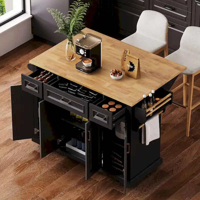 Grand îlot de cuisine 54 avec abattant en bois d'hévéa, chariot de cuisine roulant à texture gaufrée sur 4 roues avec 4 portes et 3 tiroirs