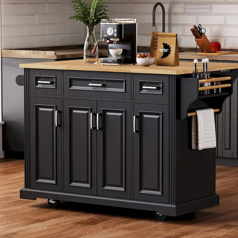 Grand îlot de cuisine 54 avec abattant en bois d'hévéa, chariot de cuisine roulant à texture gaufrée sur 4 roues avec 4 portes et 3 tiroirs