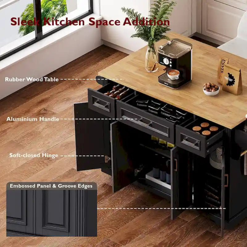 Grand îlot de cuisine 54 avec abattant en bois d'hévéa, chariot de cuisine roulant à texture gaufrée sur 4 roues avec 4 portes et 3 tiroirs