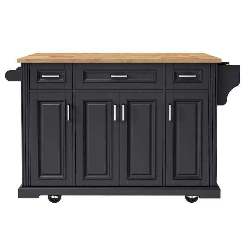 Grand îlot de cuisine 54 avec abattant en bois d'hévéa, chariot de cuisine roulant à texture gaufrée sur 4 roues avec 4 portes et 3 tiroirs