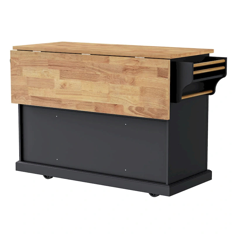 Grand îlot de cuisine 54 avec abattant en bois d'hévéa, chariot de cuisine roulant à texture gaufrée sur 4 roues avec 4 portes et 3 tiroirs