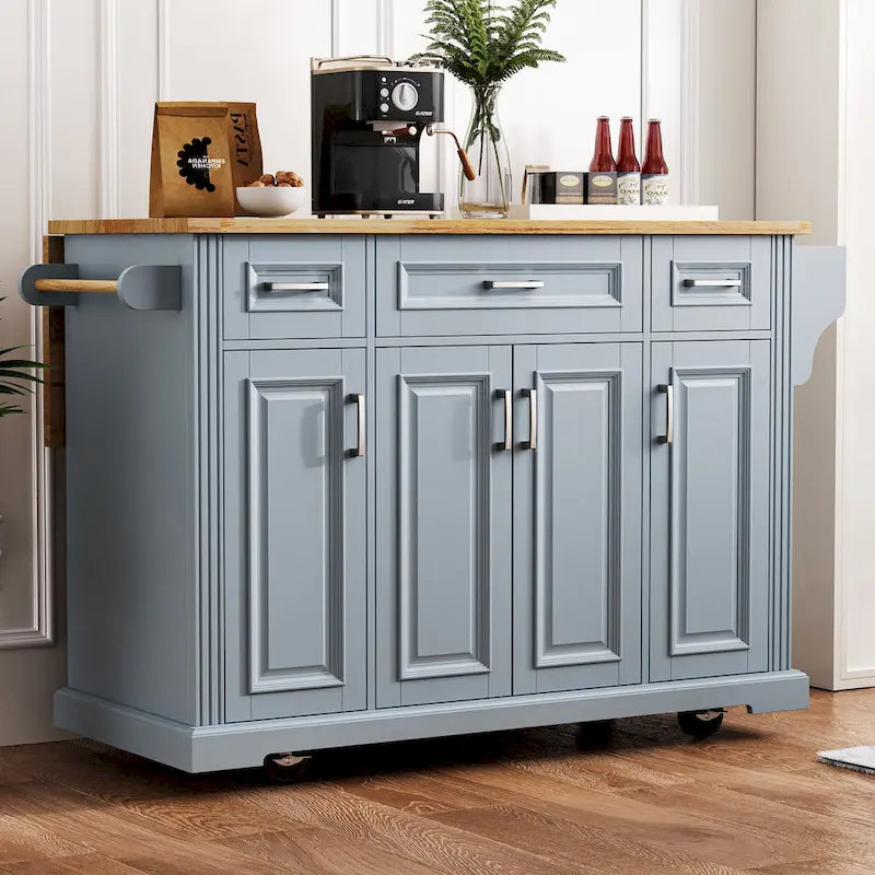 Grand îlot de cuisine 54 avec abattant en bois d'hévéa, chariot de cuisine roulant à texture gaufrée sur 4 roues avec 4 portes et 3 tiroirs