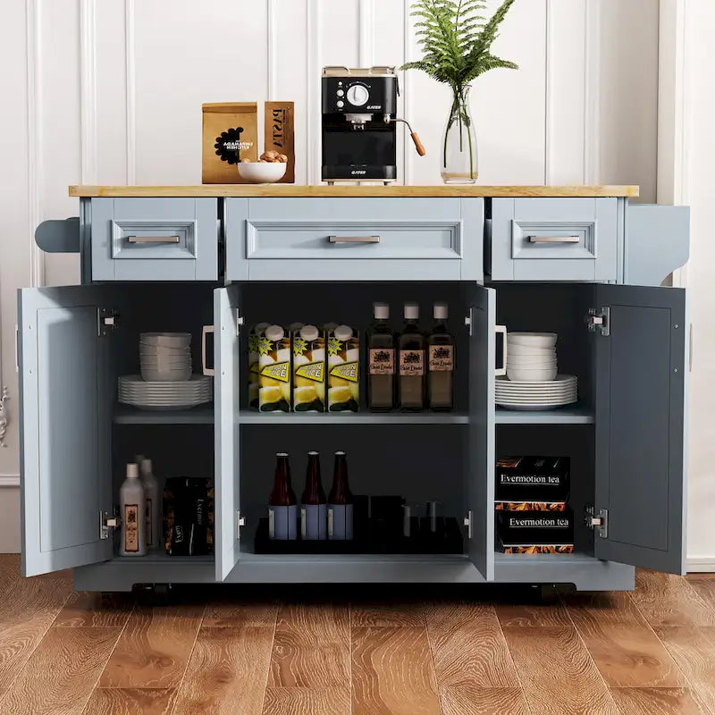 Grand îlot de cuisine 54 avec abattant en bois d'hévéa, chariot de cuisine roulant à texture gaufrée sur 4 roues avec 4 portes et 3 tiroirs
