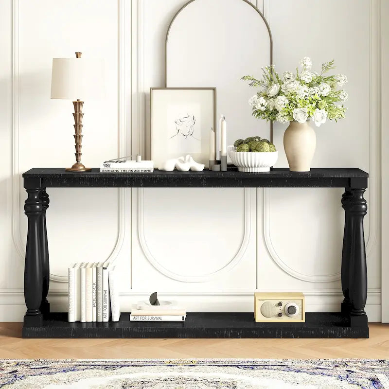 Console de 63 po pour entrée/salon avec étagère de rangement inférieure et pieds sculptés en forme de vase