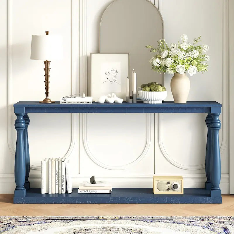 Console de 63 po pour entrée/salon avec étagère de rangement inférieure et pieds sculptés en forme de vase
