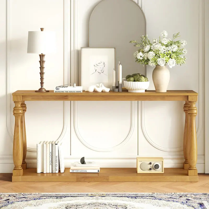 Console de 63 po pour entrée/salon avec étagère de rangement inférieure et pieds sculptés en forme de vase