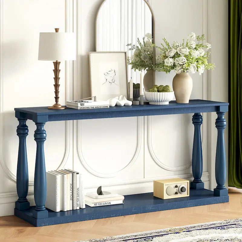 Console de 63 po pour entrée/salon avec étagère de rangement inférieure et pieds sculptés en forme de vase