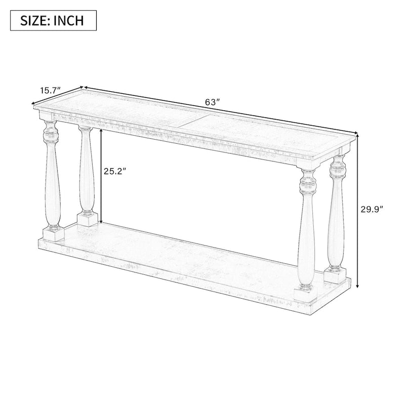 Console de 63 po pour entrée/salon avec étagère de rangement inférieure et pieds sculptés en forme de vase