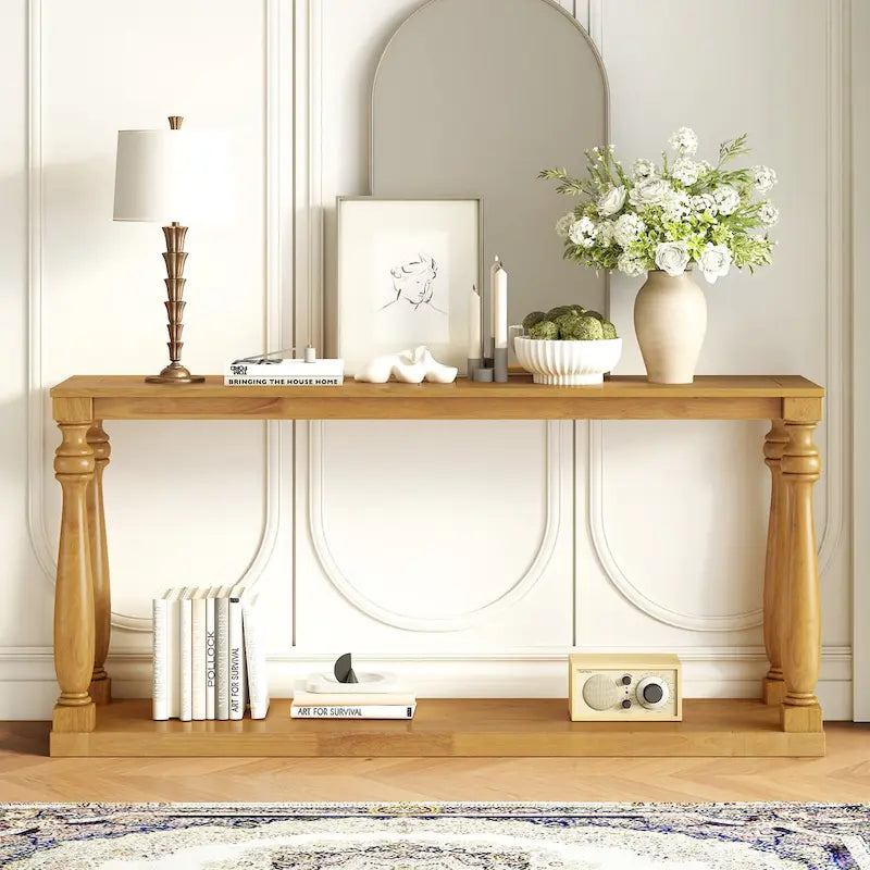 Console de 63 po pour entrée/salon avec étagère de rangement inférieure et pieds sculptés en forme de vase