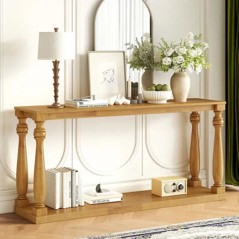Console de 63 po pour entrée/salon avec étagère de rangement inférieure et pieds sculptés en forme de vase