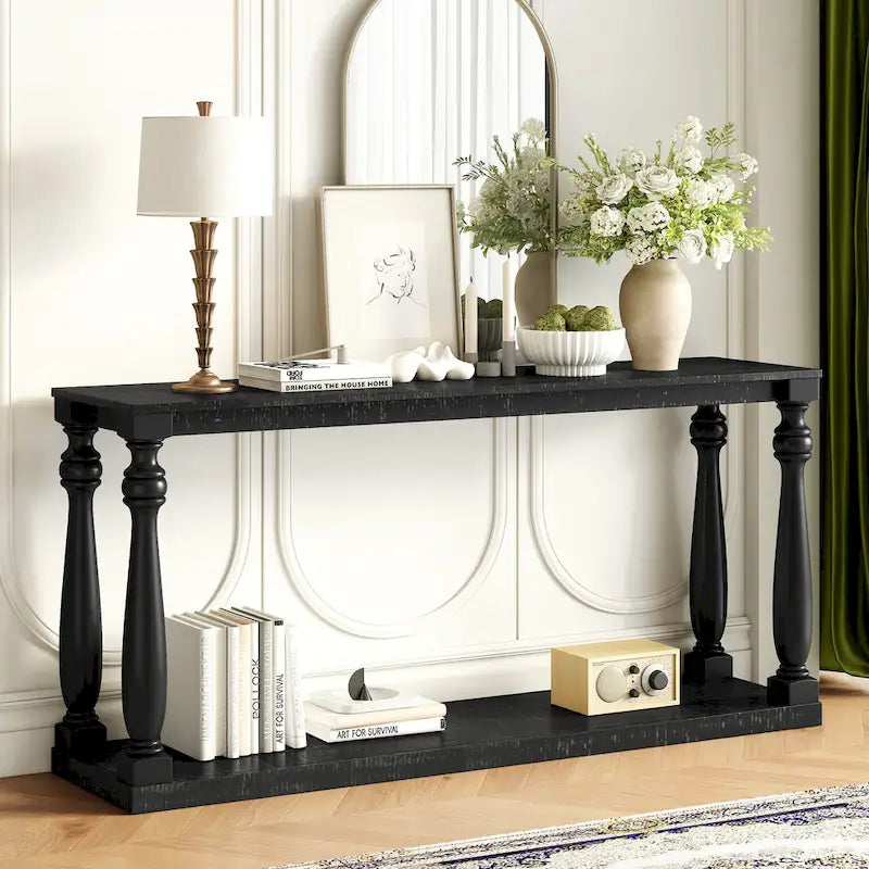 Console de 63 po pour entrée/salon avec étagère de rangement inférieure et pieds sculptés en forme de vase