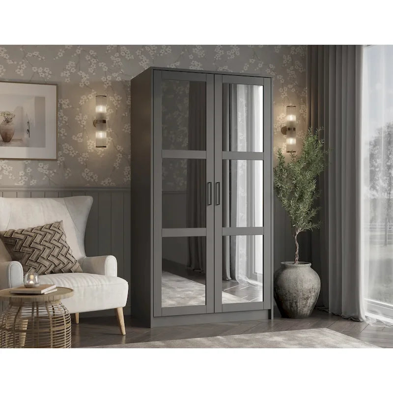 Armoire urbaine à 2 portes 100 % en bois massif avec portes pleines et portes miroir
