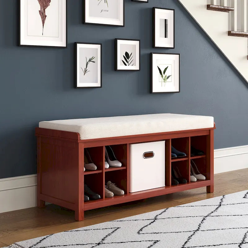  Solid Wood Entryway Bench with 8 Shoe Cubbies Mahogany