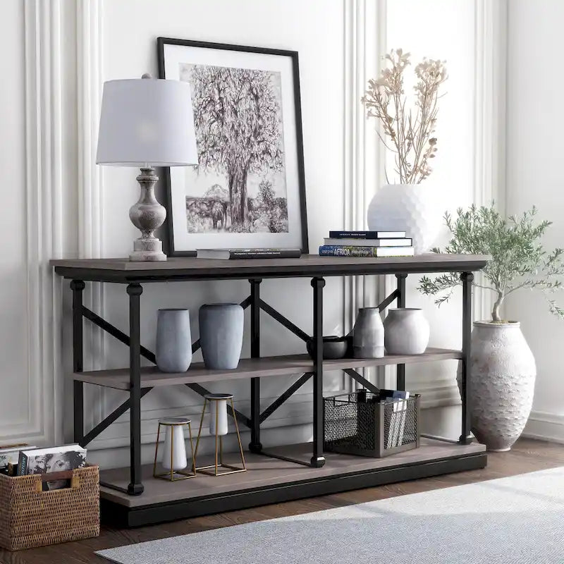 Console de table de 59 po en acier de style transitionnel avec 2 étagères