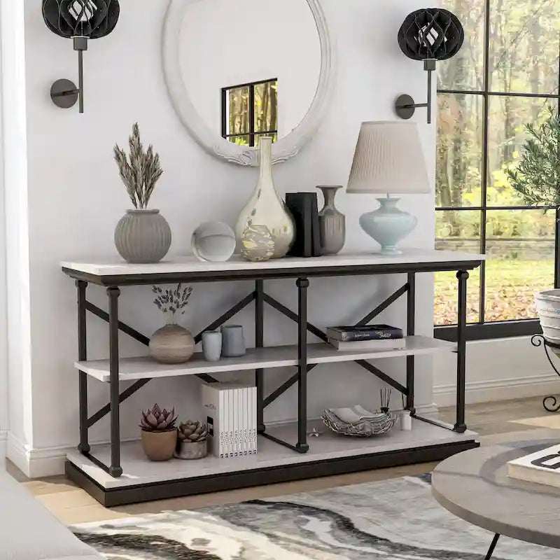 Console de table de 59 po en acier de style transitionnel avec 2 étagères