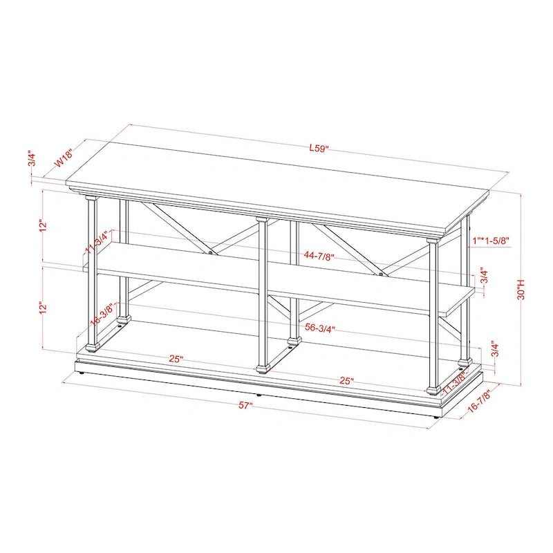 Console de table de 59 po en acier de style transitionnel avec 2 étagères