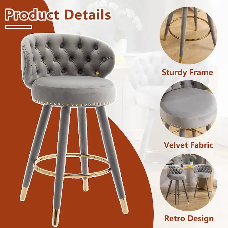 Tabourets de bar pivotants à 360°, capitonnés en velours, avec repose-pieds doré (lot de 2)