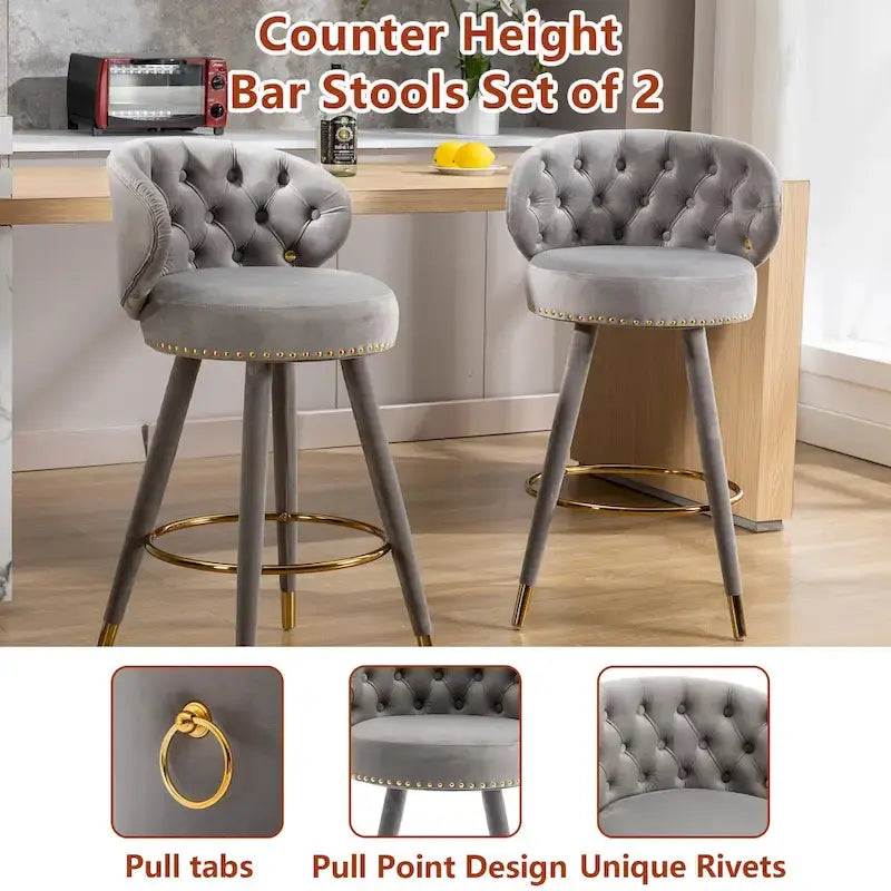 Tabourets de bar pivotants à 360°, capitonnés en velours, avec repose-pieds doré (lot de 2)
