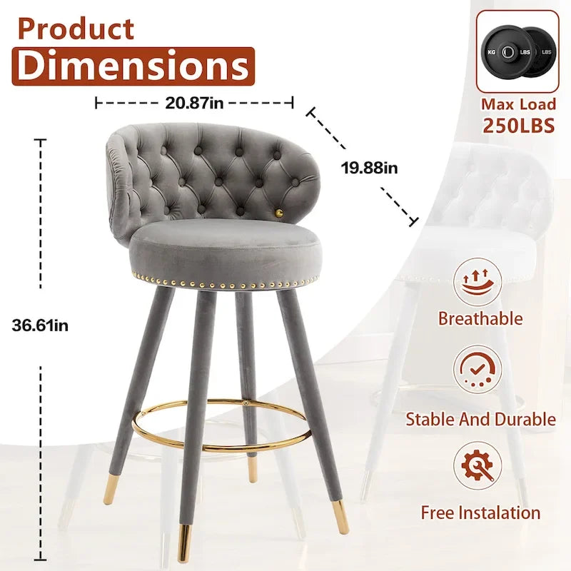 Tabourets de bar pivotants à 360°, capitonnés en velours, avec repose-pieds doré (lot de 2)