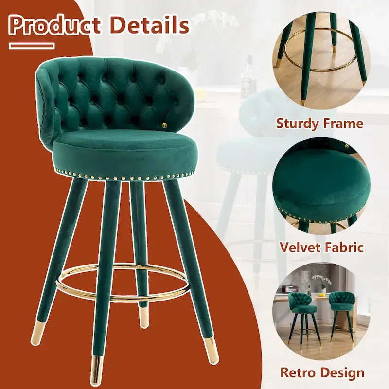 Tabourets de bar pivotants à 360°, capitonnés en velours, avec repose-pieds doré (lot de 2)