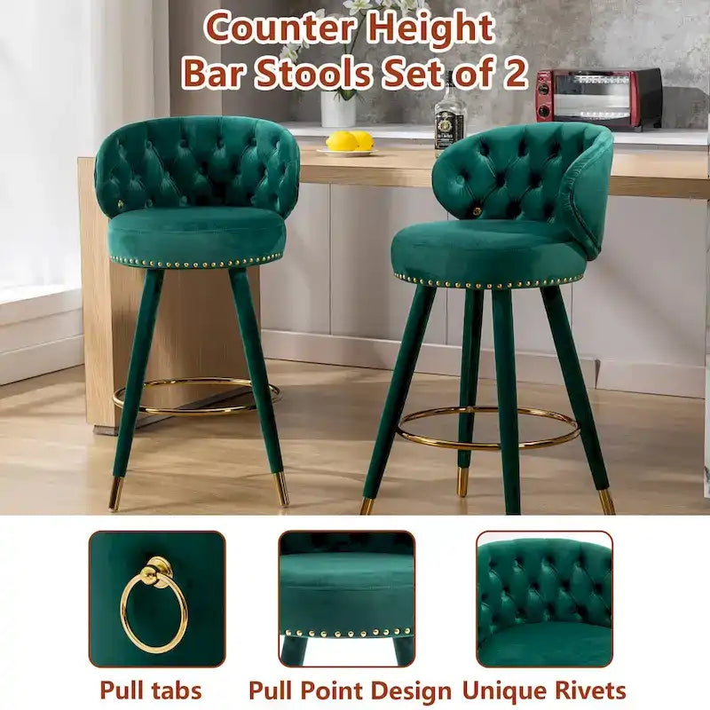 Tabourets de bar pivotants à 360°, capitonnés en velours, avec repose-pieds doré (lot de 2)