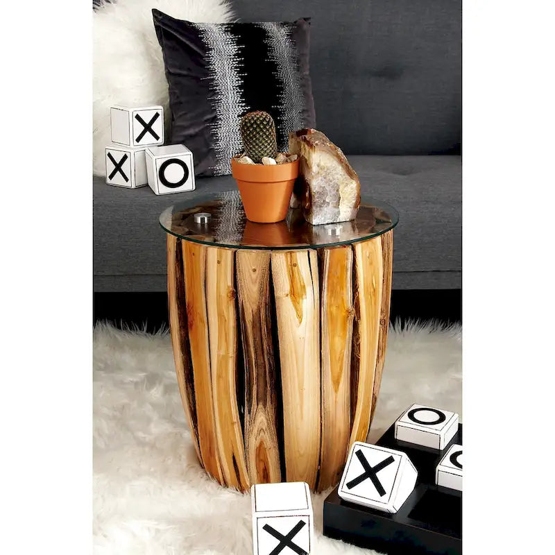 Table d'appoint artisanale en bois de teck avec plateau en verre transparent - Marron - - 16Lx16Px18H