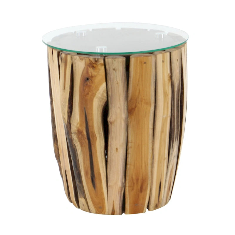 Table d'appoint artisanale en bois de teck avec plateau en verre transparent - Marron - - 16Lx16Px18H