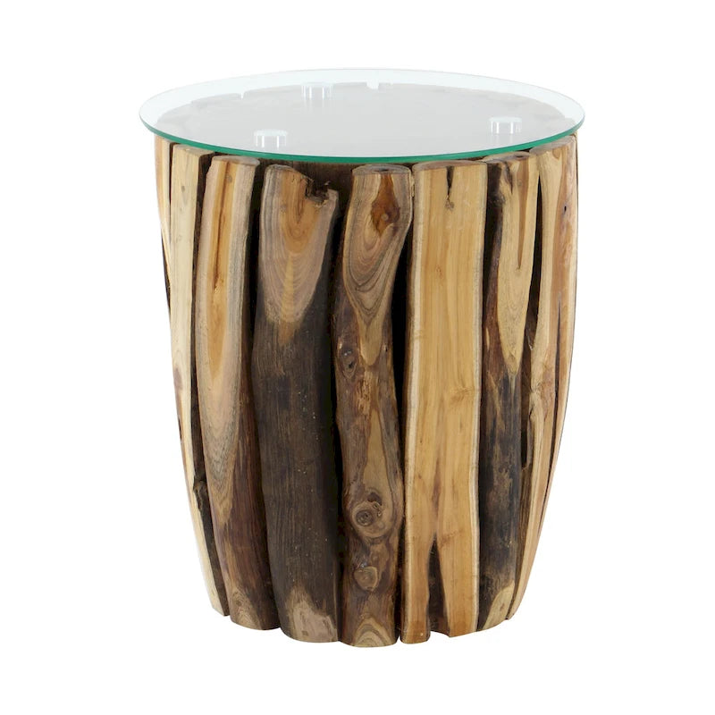 Table d'appoint artisanale en bois de teck avec plateau en verre transparent - Marron - - 16Lx16Px18H