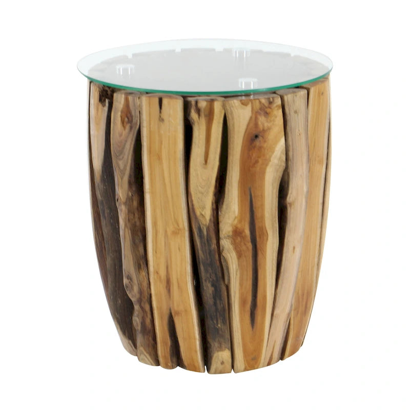 Table d'appoint artisanale en bois de teck avec plateau en verre transparent - Marron - - 16Lx16Px18H