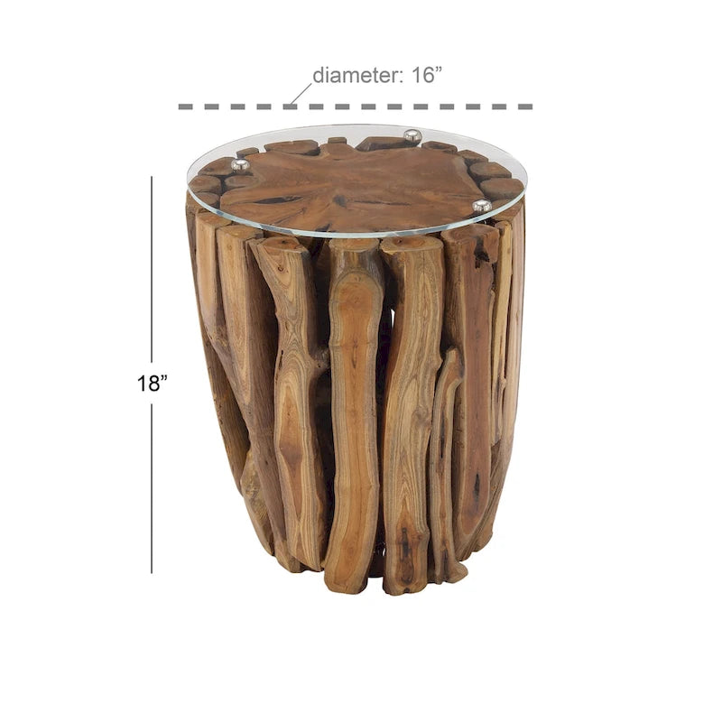 Table d'appoint artisanale en bois de teck avec plateau en verre transparent - Marron - - 16Lx16Px18H