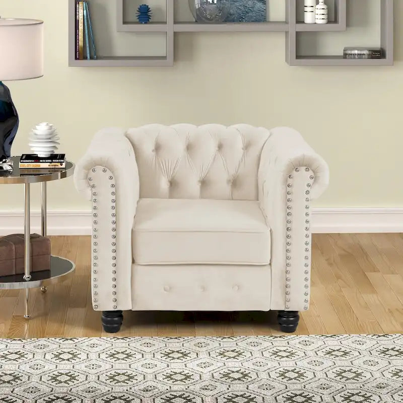 Fauteuil club Chesterfield en velours, fauteuil rembourré capitonné avec clous décoratifs et pieds en bois massif pour salon