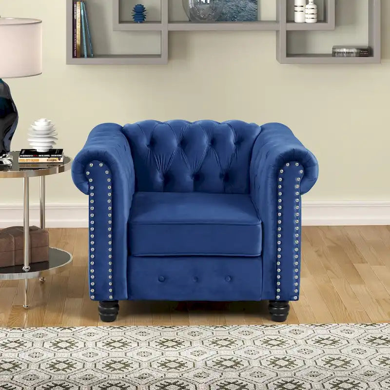 Fauteuil club Chesterfield en velours, fauteuil rembourré capitonné avec clous décoratifs et pieds en bois massif pour salon