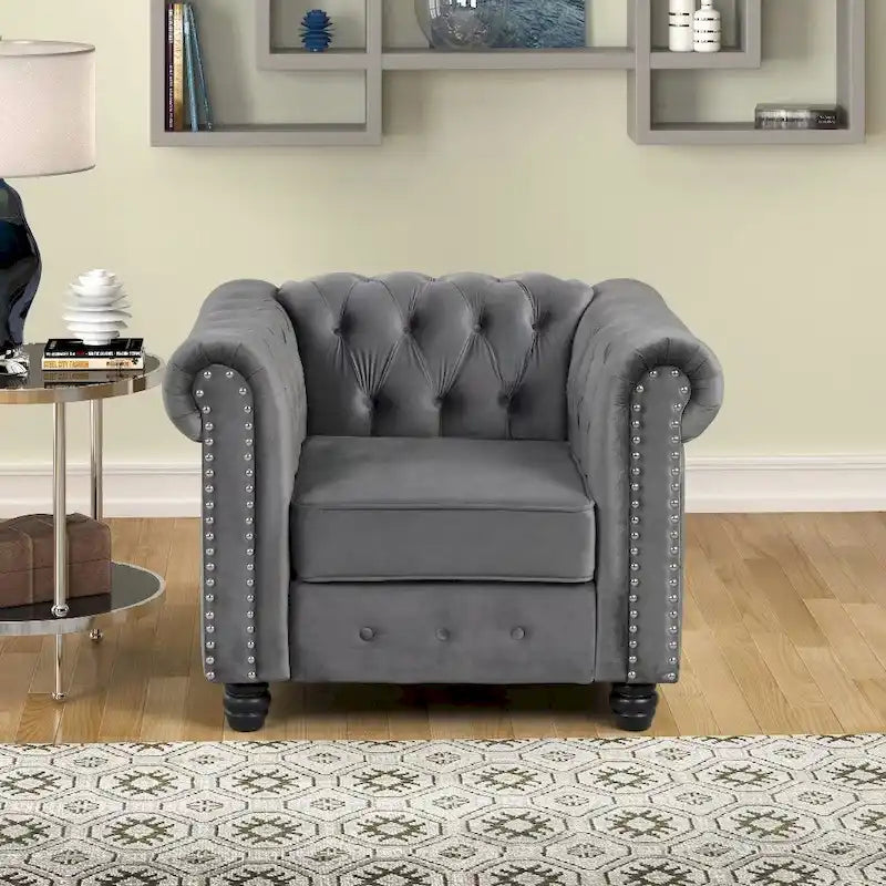 Fauteuil club Chesterfield en velours, fauteuil rembourré capitonné avec clous décoratifs et pieds en bois massif pour salon