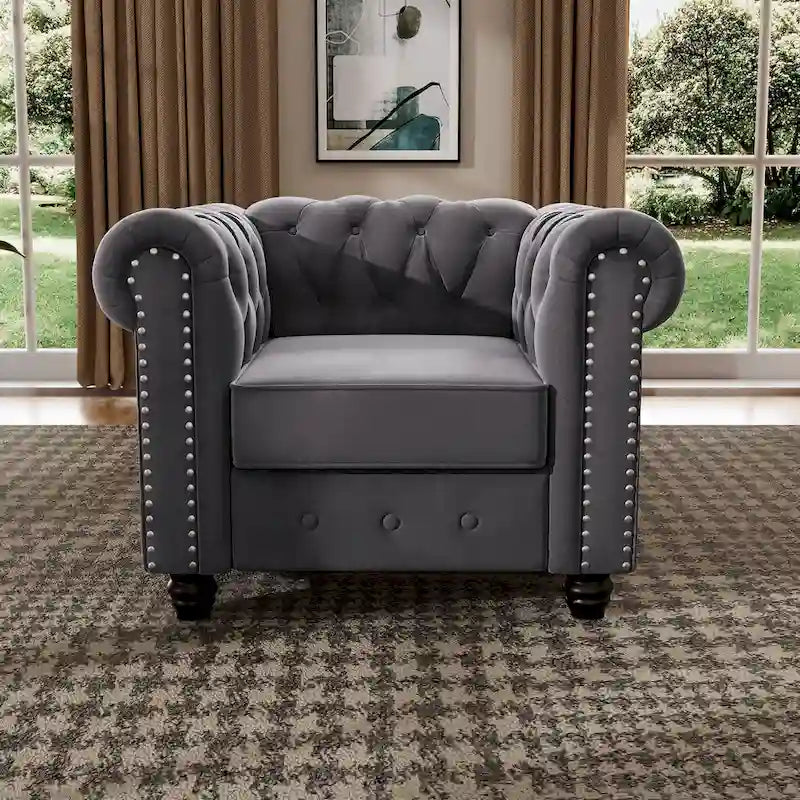  Velvet Chesterfield Club Chair,Button Tufted Upholstered Armchair with Nailhead and Solid Wood Legs for Living Room