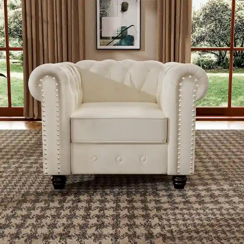 Fauteuil club Chesterfield en velours, fauteuil rembourré capitonné avec clous décoratifs et pieds en bois massif pour salon