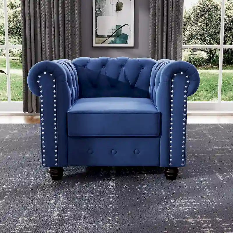 Fauteuil club Chesterfield en velours, fauteuil rembourré capitonné avec clous décoratifs et pieds en bois massif pour salon