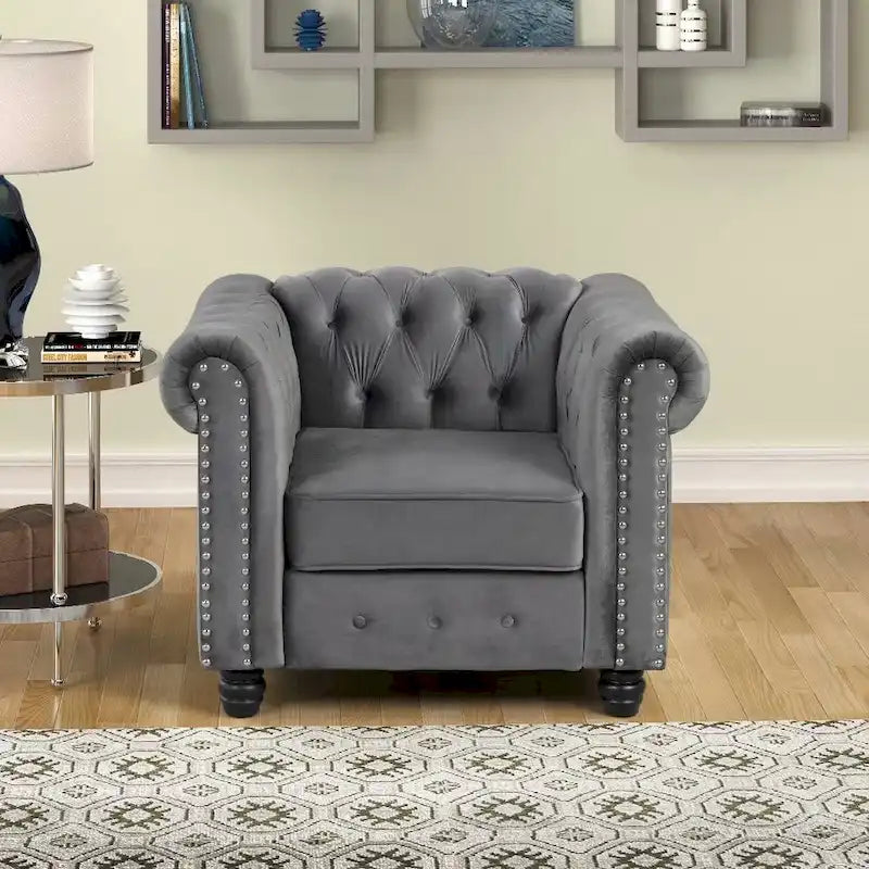 Fauteuil club Chesterfield en velours, fauteuil rembourré capitonné avec clous décoratifs et pieds en bois massif pour salon
