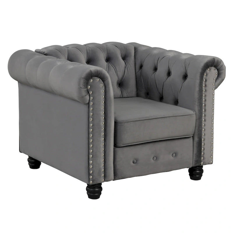 Fauteuil club Chesterfield en velours, fauteuil rembourré capitonné avec clous décoratifs et pieds en bois massif pour salon