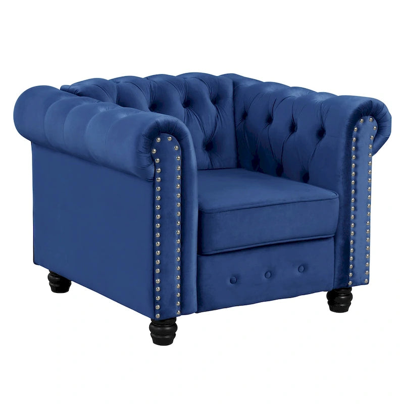 Fauteuil club Chesterfield en velours, fauteuil rembourré capitonné avec clous décoratifs et pieds en bois massif pour salon