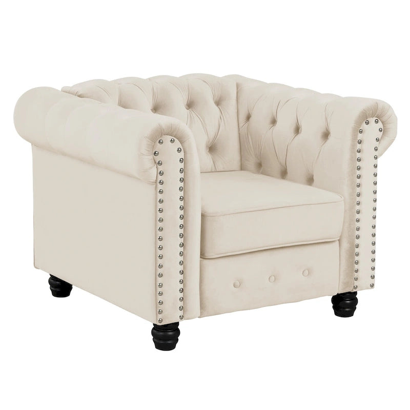 Fauteuil club Chesterfield en velours, fauteuil rembourré capitonné avec clous décoratifs et pieds en bois massif pour salon
