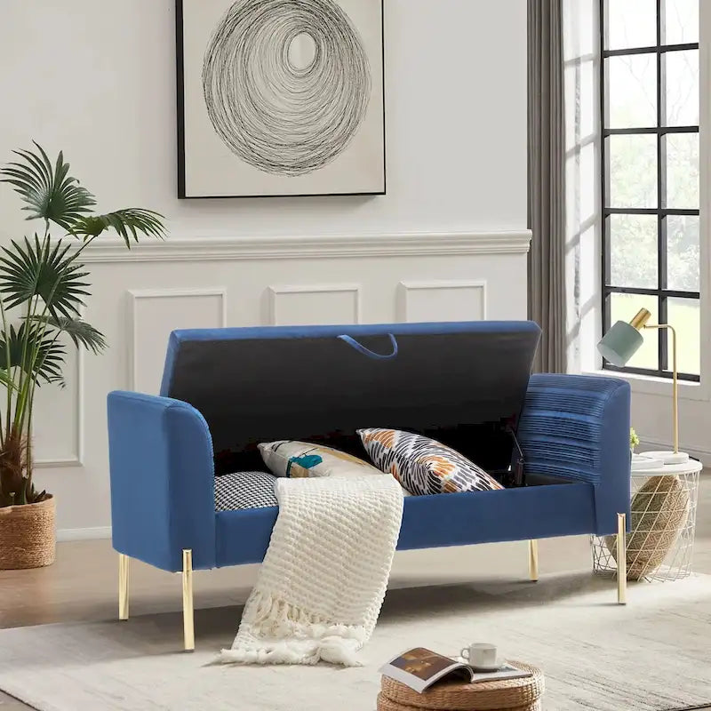 Banc ottoman de rangement, banc d'entrée en velours rembourré avec accoudoir et grand espace de rangement pour le salon - 132 cm