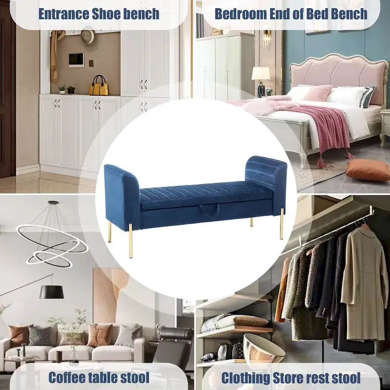 Banc ottoman de rangement, banc d'entrée en velours rembourré avec accoudoir et grand espace de rangement pour le salon - 132 cm