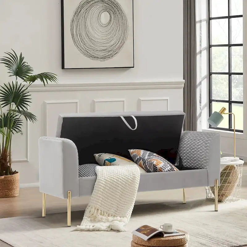 Banc ottoman de rangement, banc d'entrée en velours rembourré avec accoudoir et grand espace de rangement pour le salon - 132 cm