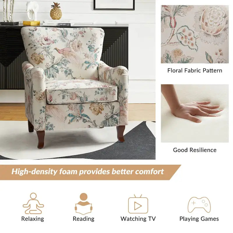 Fauteuil capitonné floral moderne avec dossier à oreilles