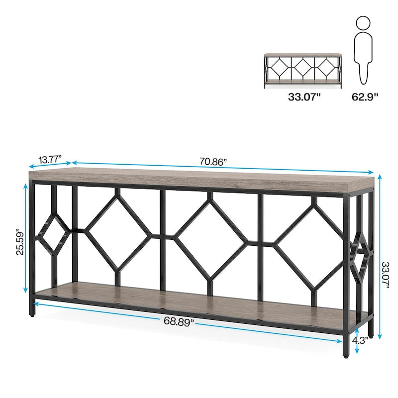 Table console de canapé de 70,9 pouces avec étagère de rangement ouverte, Table étroite industrielle extra longue, Table d'entrée derrière le canapé