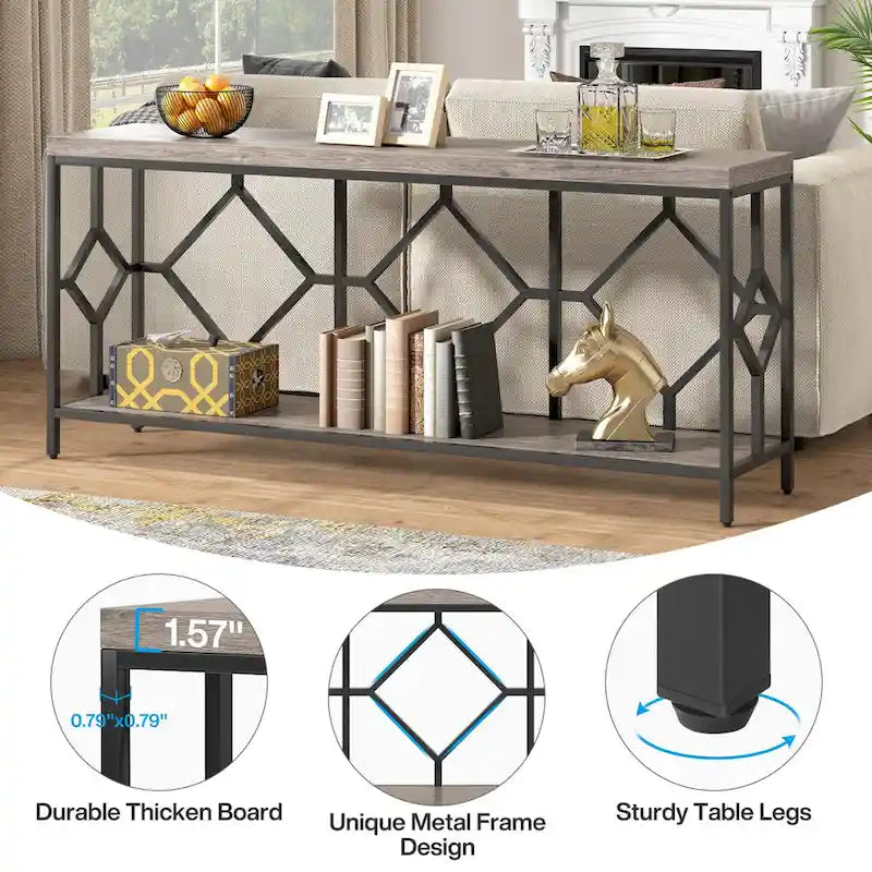 Table console de canapé de 70,9 pouces avec étagère de rangement ouverte, Table étroite industrielle extra longue, Table d'entrée derrière le canapé