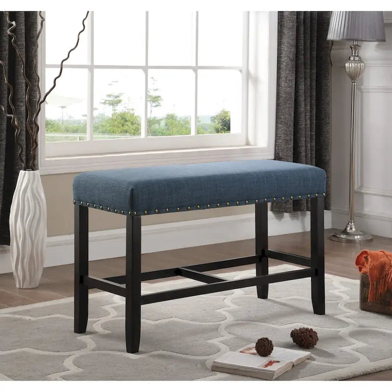  Biony Blue Fabric Pub-Height 25.5 Dining Bench with Nailhead Trim